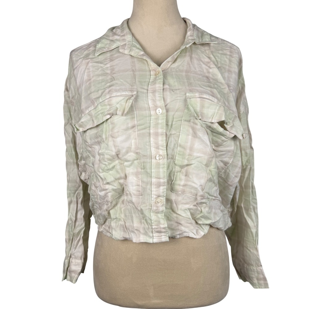 Abercrombie & Fitch Soft Collection Plaid Cropped Button Up Shirt Green Small
